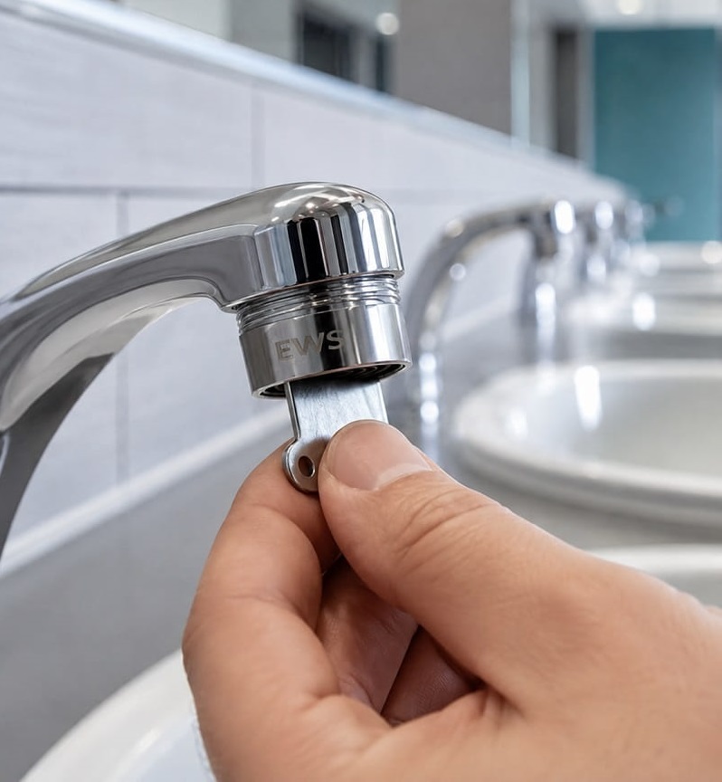 EWS Antivandal water-saving regulator installed on a washbasin tap
